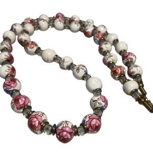 Vintage Chinese Hand Painted Porcelain Flower Beaded Necklace Pink Rose On White